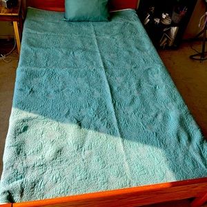 Embroidered Quilt/ Bedspread, Turquoise with White Stitching